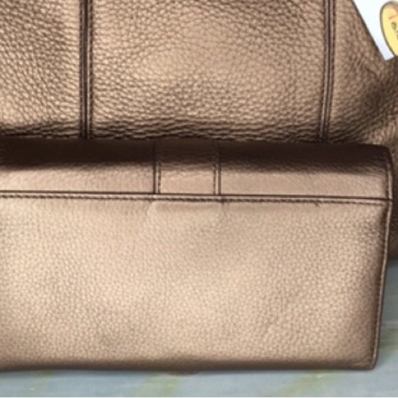 Talbots Metallic Golden Bronze Soft Pebbled Leather Tote and Wallet Set - Picture 8 of 13